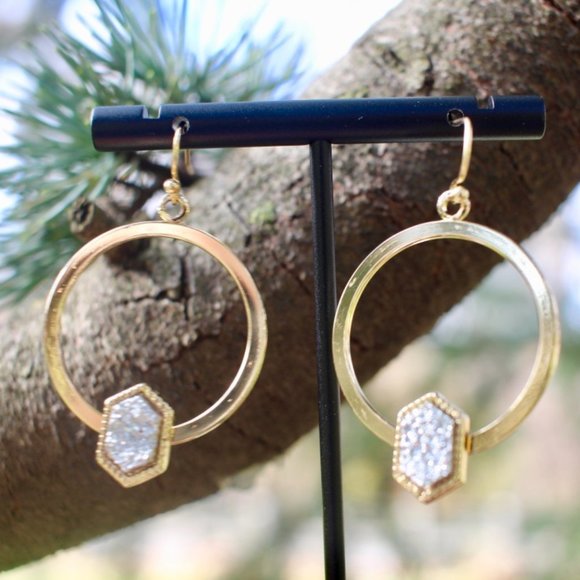 New Anthro Gold Druzy Sparkle Hoops Drop Earrings - Picture 5 of 12